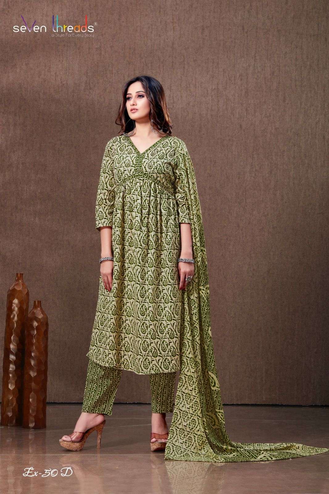 NON CATALOGUE EX 50 RICH COTTON ELEGANT HANDWORK CLASSIC ALIA CUT PRINTED KURTI WITH PANT AND DUPATTA BY SEVEN THREADS BRAND EX 50 D